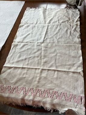 Vintage hand embroidered cream and pink tea towel